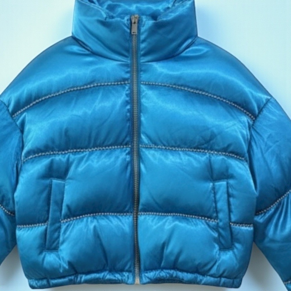 POSTER GIRL Blue Satin Rhinestone Cropped Puffer Snow Bunny Jacket - Picture 6 of 6